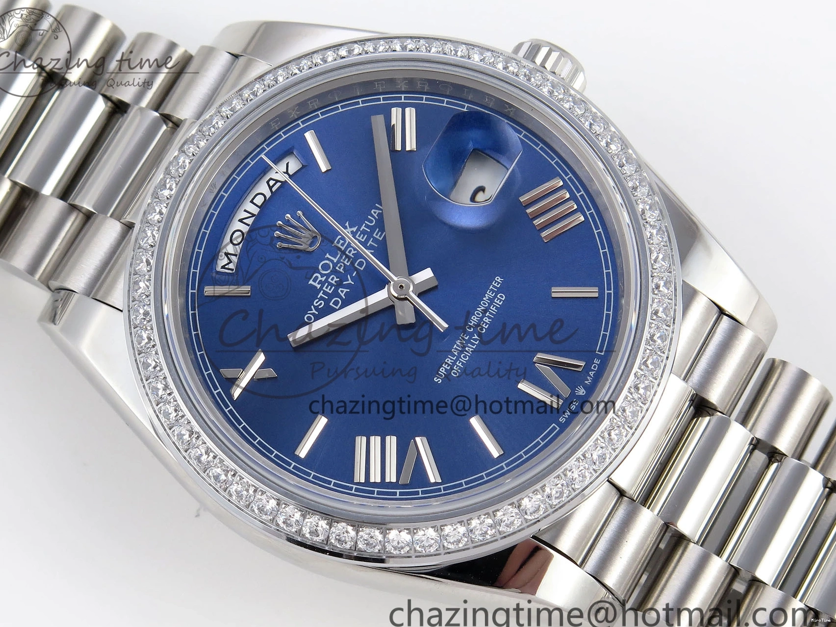 MiroTime 0523 QuickDry DayDate 40 SS GSF Gain Weight Blue Roman Dial Diamonds Bezel on President Bracelet A 1917